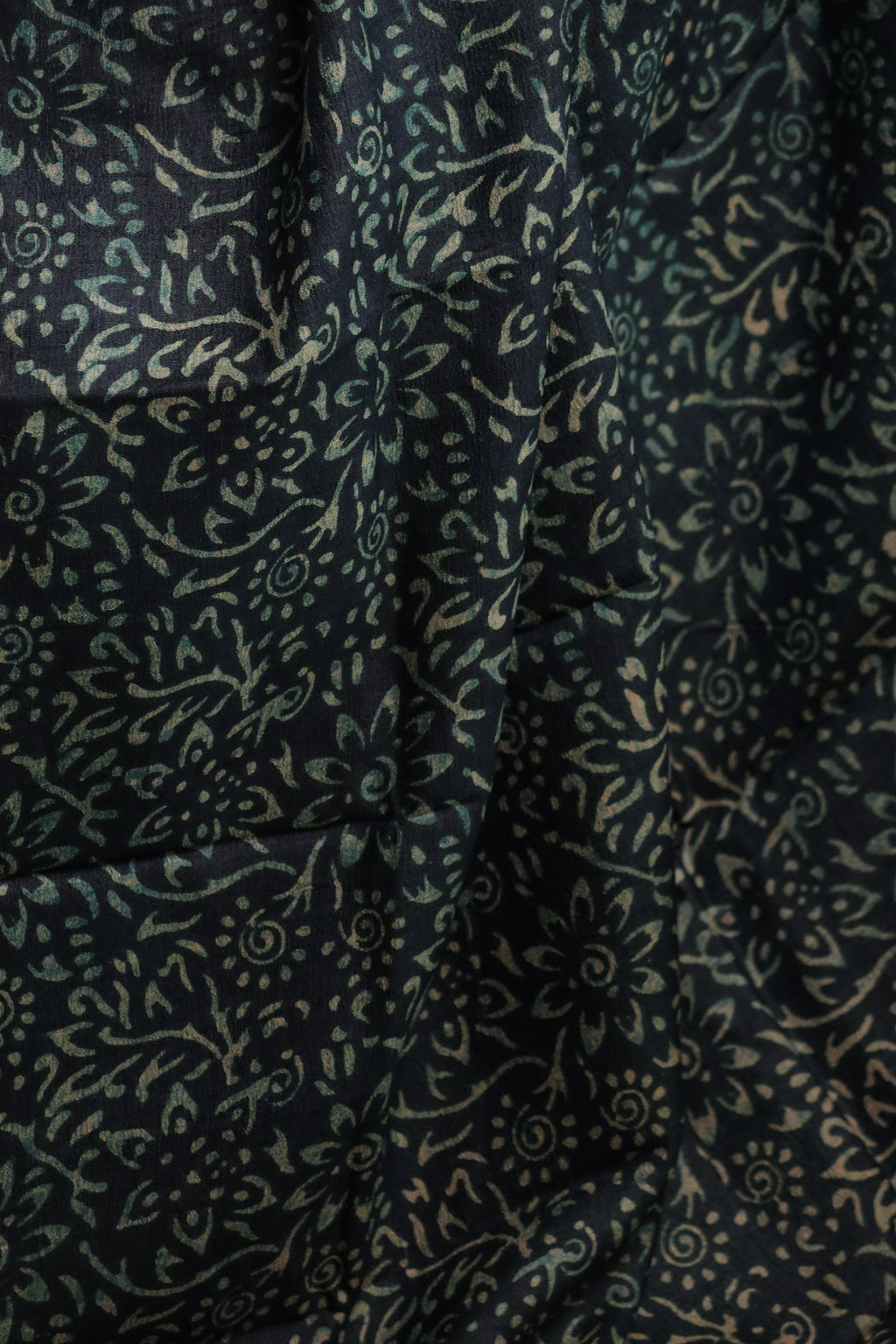 Night Flowers Deep Blue Handblock Printed Handwoven Tussar Silk Saree