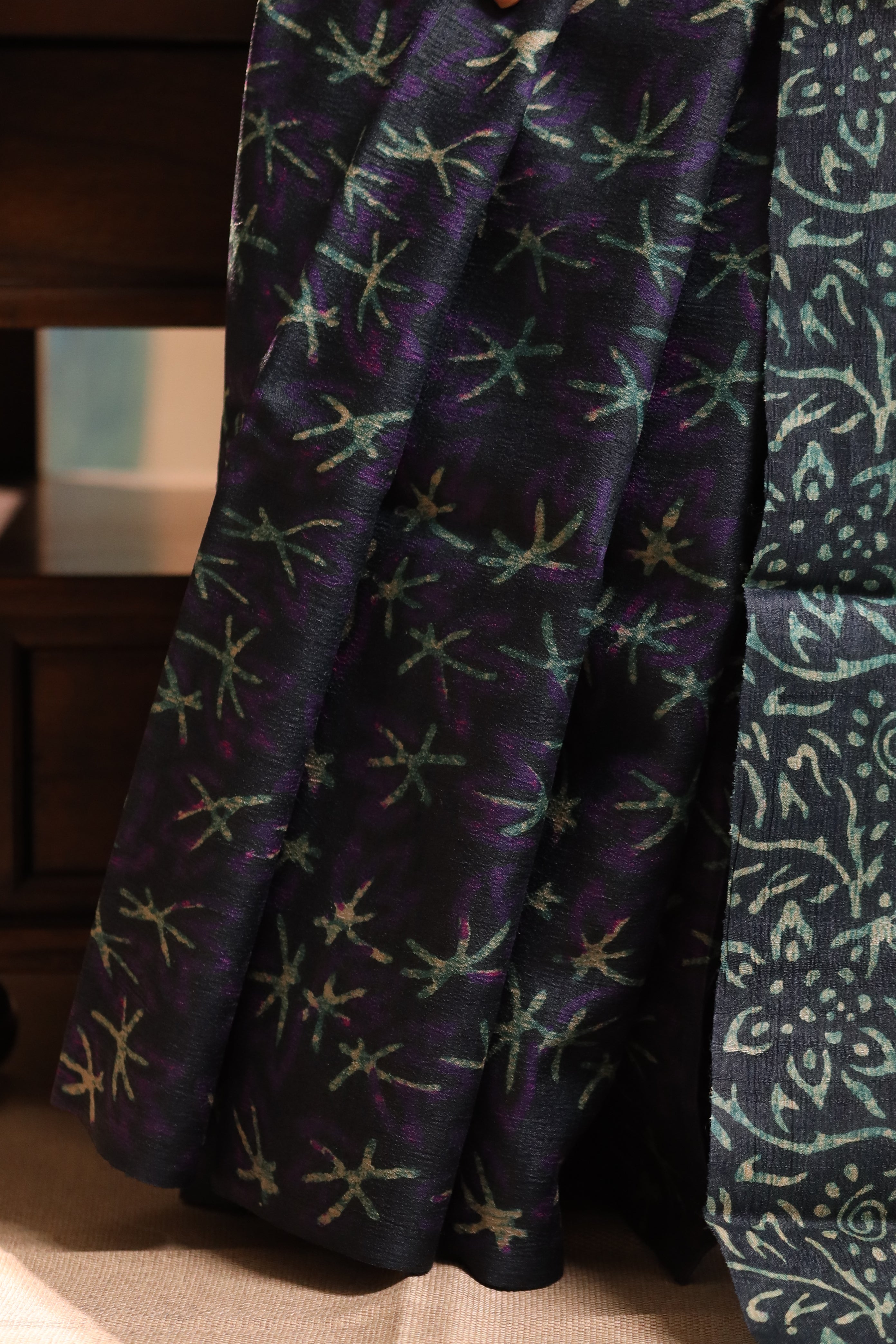 Night Flowers Deep Blue Handblock Printed Handwoven Tussar Silk Saree