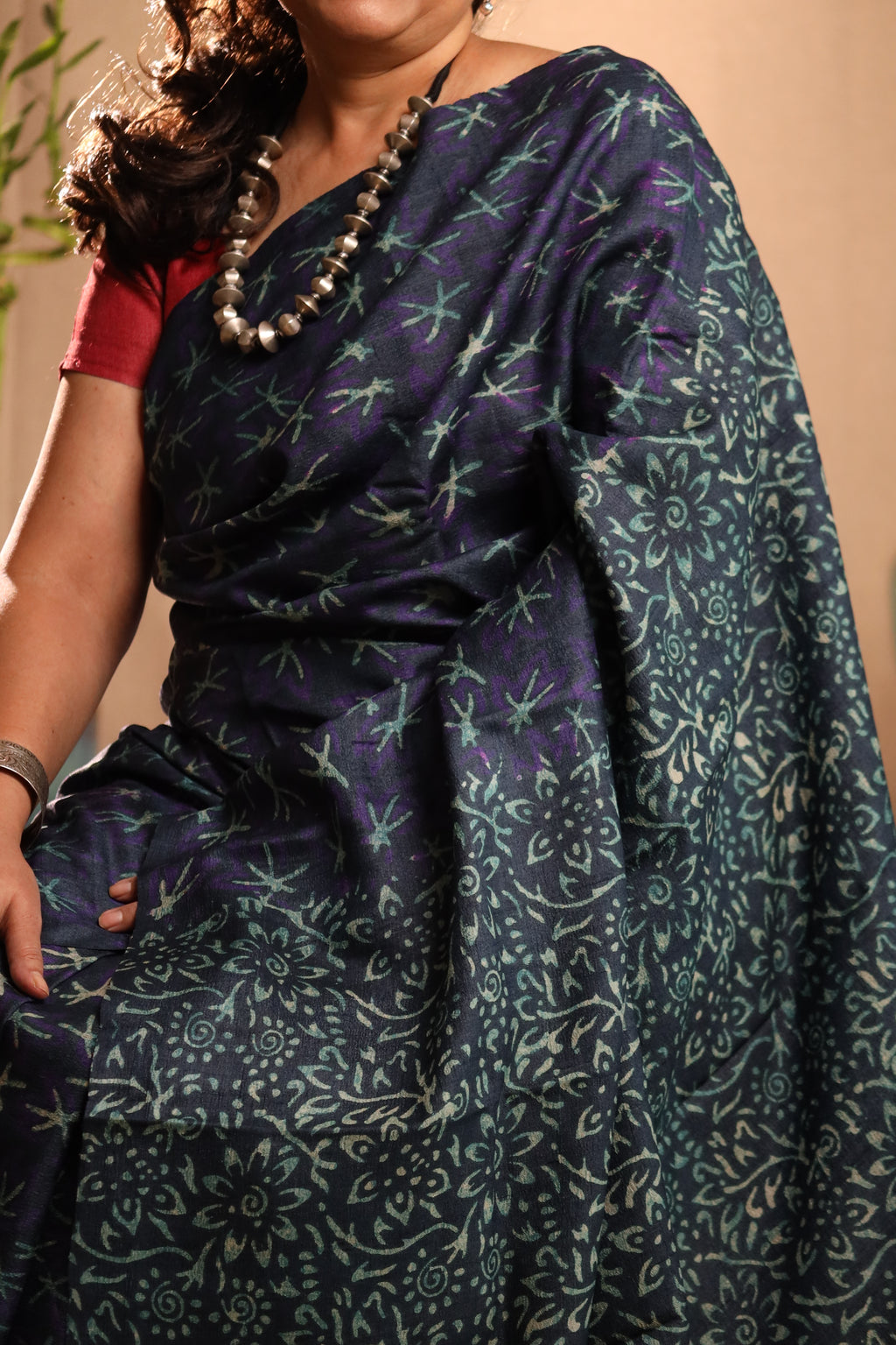 Night Flowers Deep Blue Handblock Printed Handwoven Tussar Silk Saree