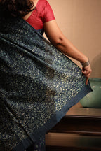 Night Flowers Deep Blue Handblock Printed Handwoven Tussar Silk Saree