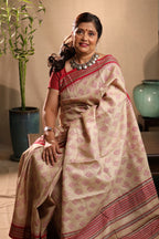 Beige and Red Handblock Printed Handwoven Vidarbha Tussar Silk Saree