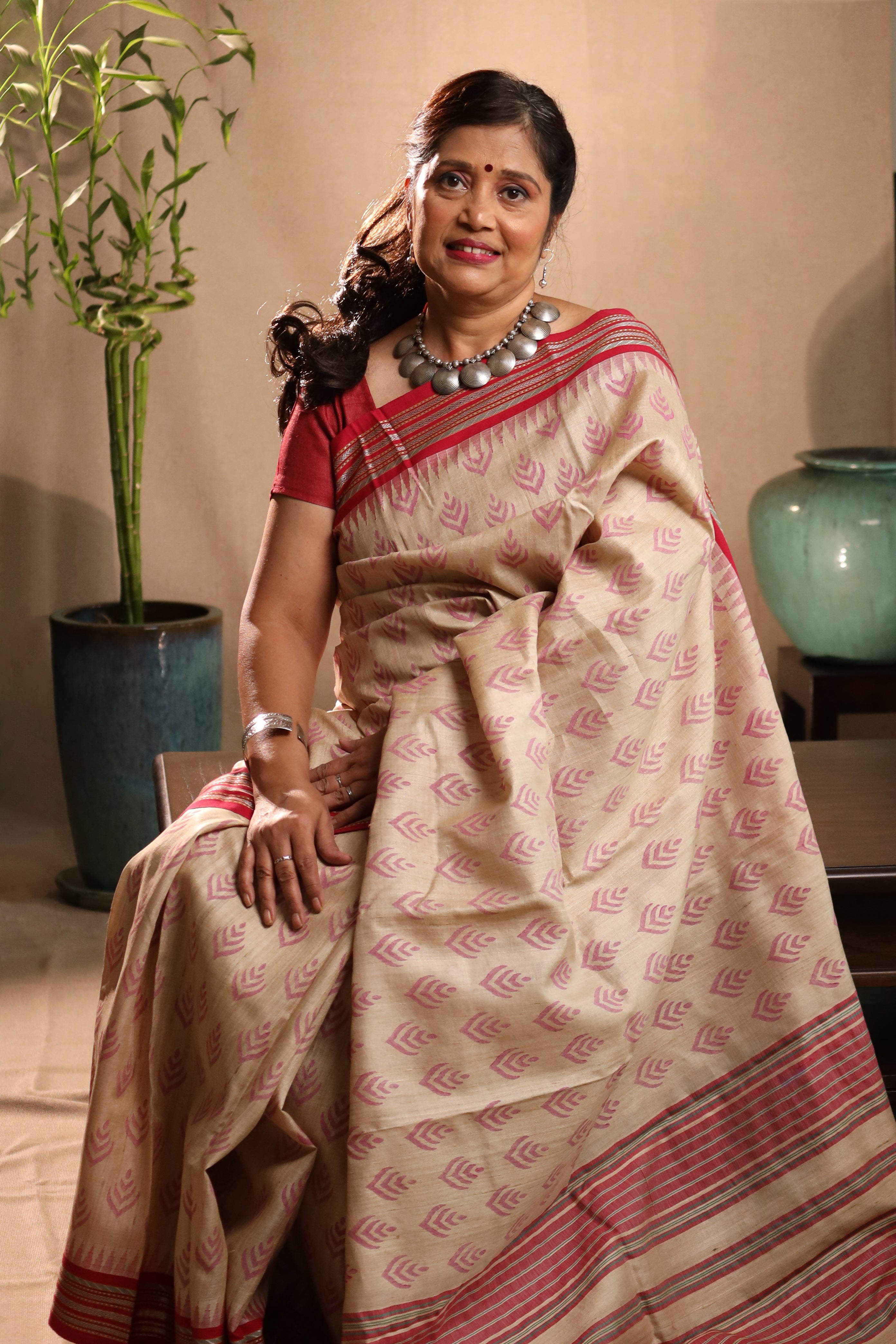 Beige and Red Handblock Printed Handwoven Vidarbha Tussar Silk Saree