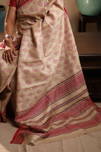 Beige and Red Handblock Printed Handwoven Vidarbha Tussar Silk Saree