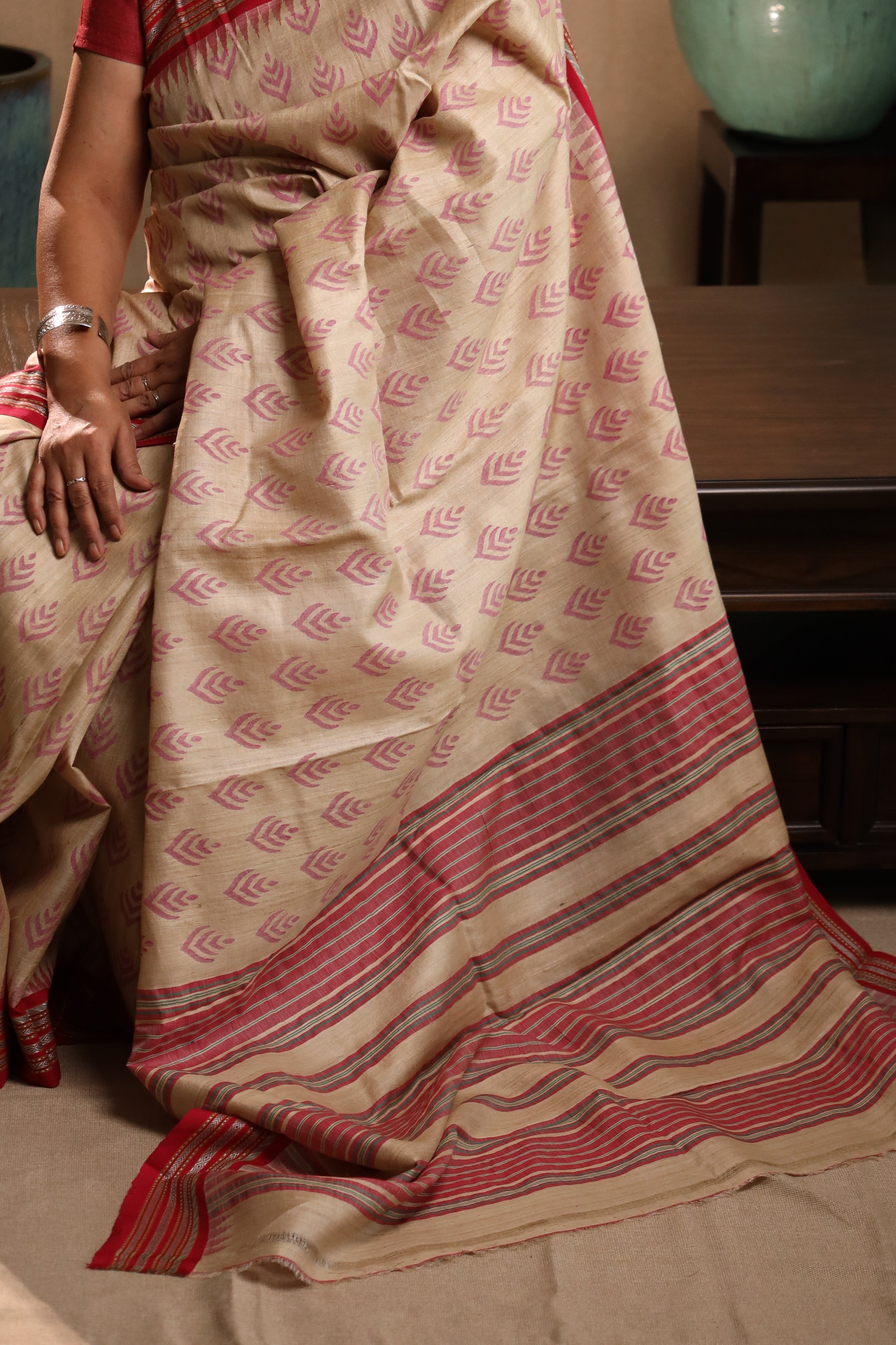 Beige and Red Handblock Printed Handwoven Vidarbha Tussar Silk Saree
