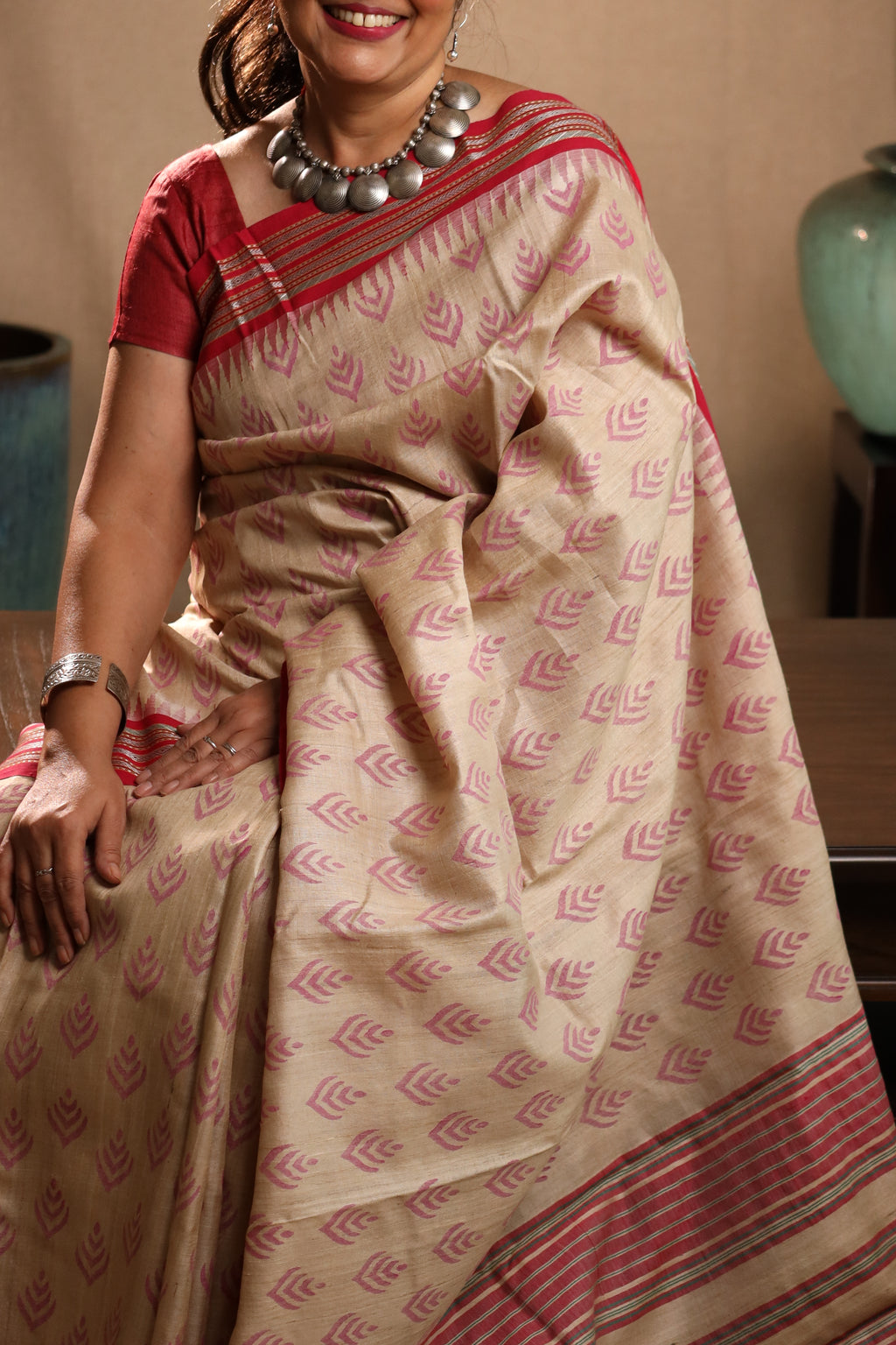 Beige and Red Handblock Printed Handwoven Vidarbha Tussar Silk Saree