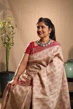 Beige and Red Handblock Printed Handwoven Vidarbha Tussar Silk Saree