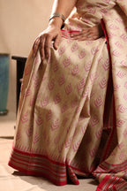 Beige and Red Handblock Printed Handwoven Vidarbha Tussar Silk Saree