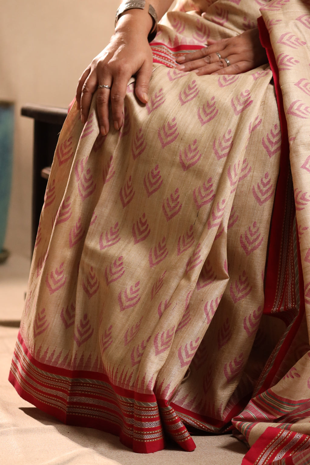 Beige and Red Handblock Printed Handwoven Vidarbha Tussar Silk Saree