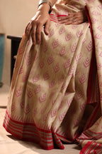 Beige and Red Handblock Printed Handwoven Vidarbha Tussar Silk Saree