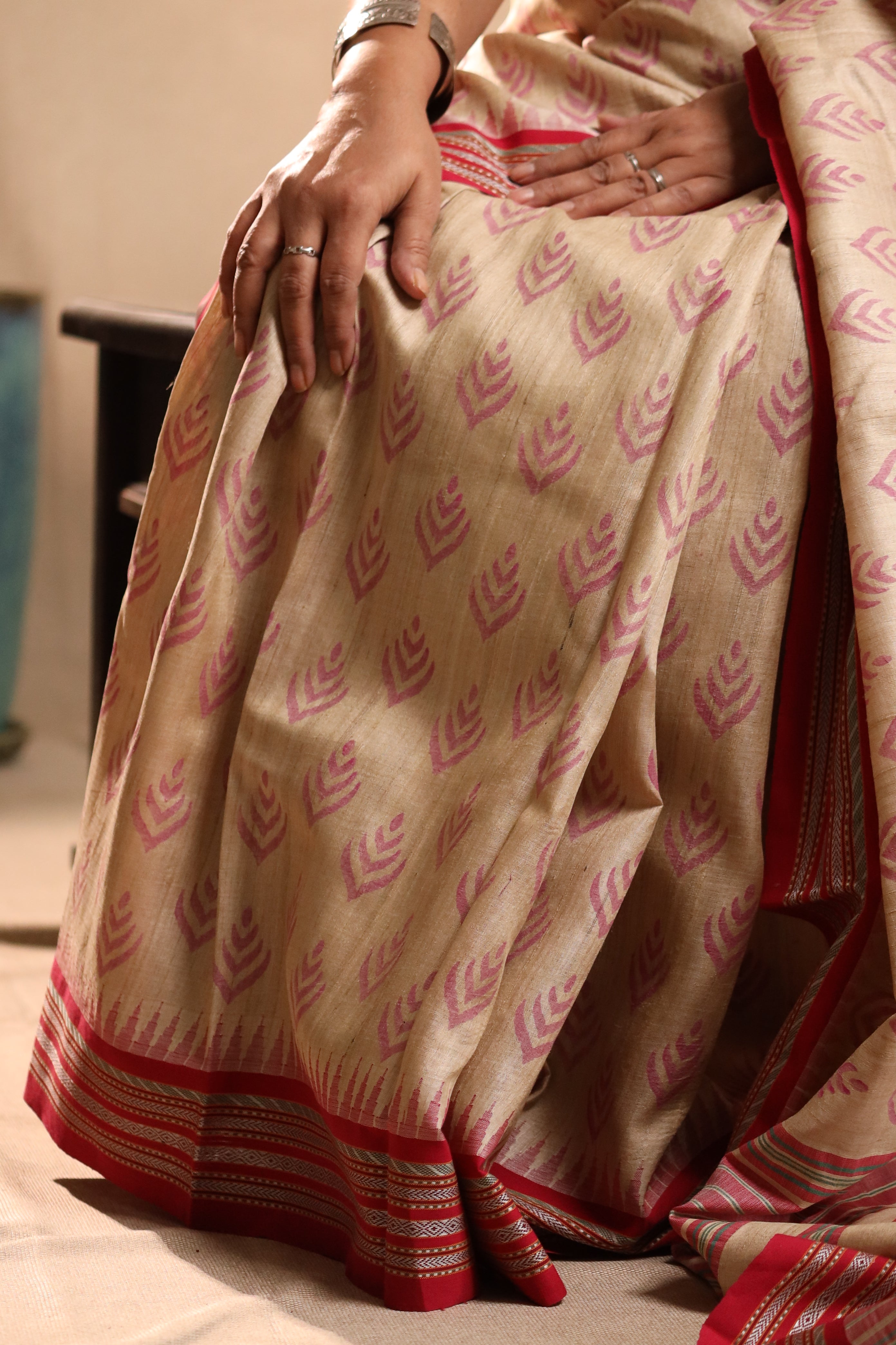 Beige and Red Handblock Printed Handwoven Vidarbha Tussar Silk Saree