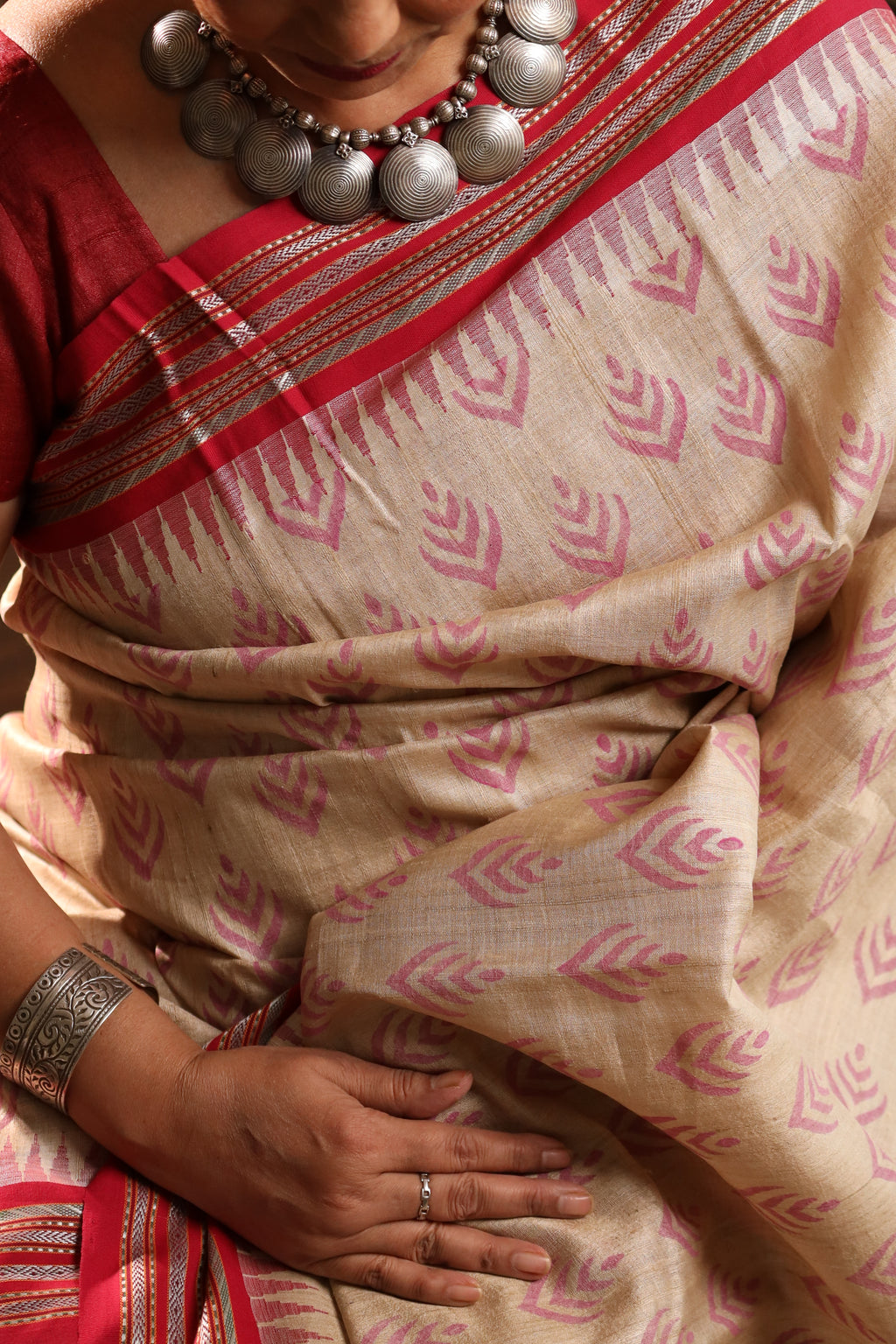 Beige and Red Handblock Printed Handwoven Vidarbha Tussar Silk Saree