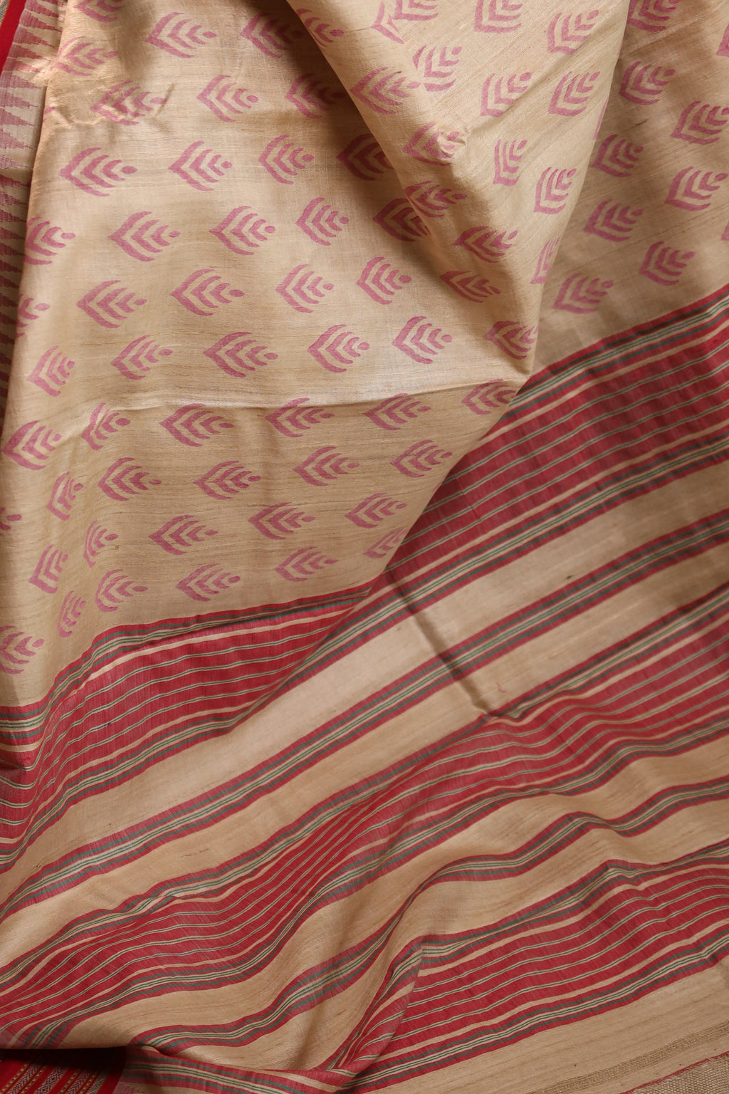 Beige and Red Handblock Printed Handwoven Vidarbha Tussar Silk Saree