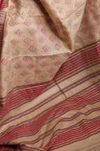 Beige and Red Handblock Printed Handwoven Vidarbha Tussar Silk Saree