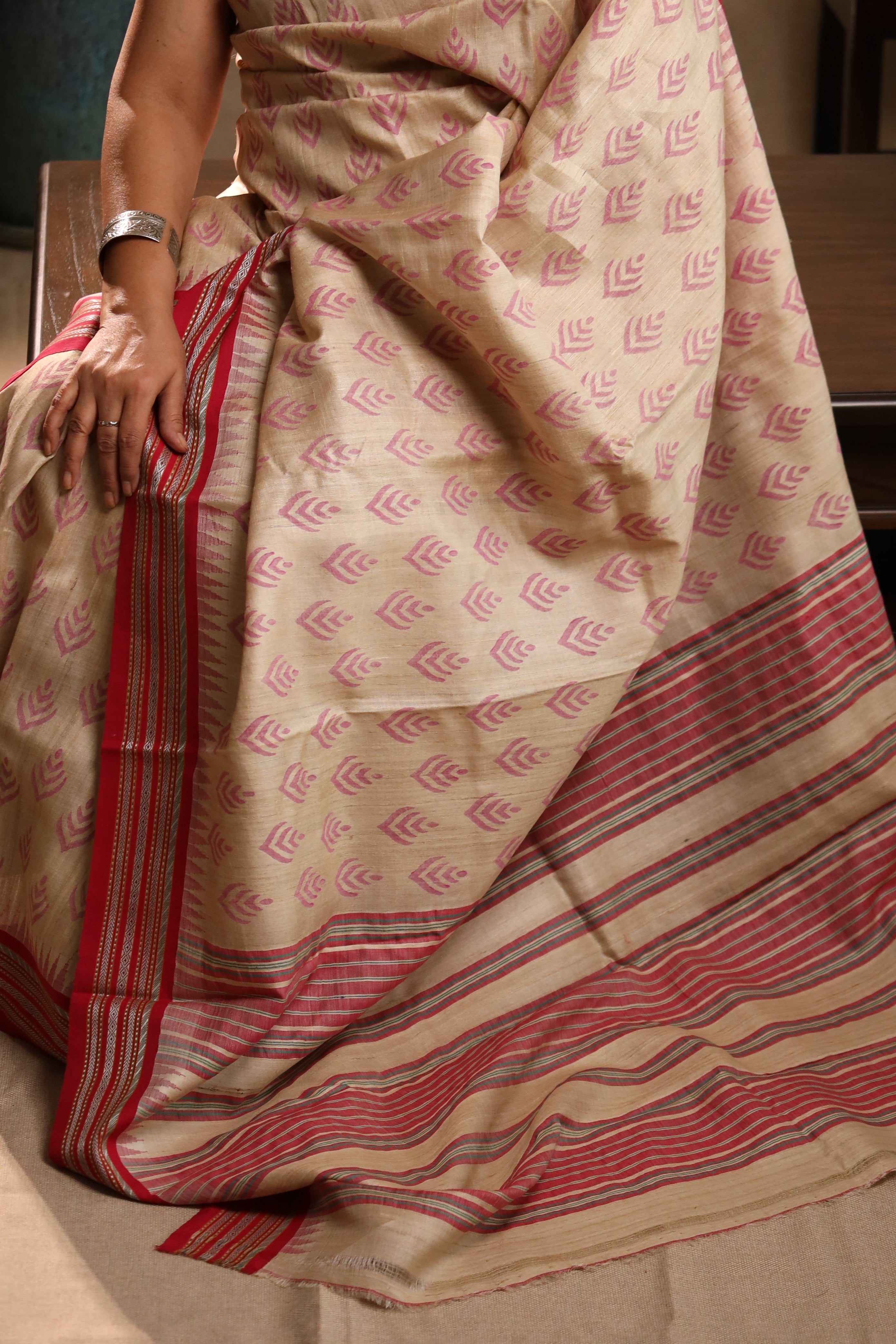 Beige and Red Handblock Printed Handwoven Vidarbha Tussar Silk Saree