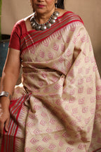 Beige and Red Handblock Printed Handwoven Vidarbha Tussar Silk Saree