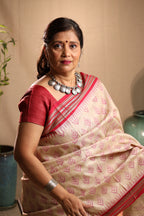 Beige and Red Handblock Printed Handwoven Vidarbha Tussar Silk Saree