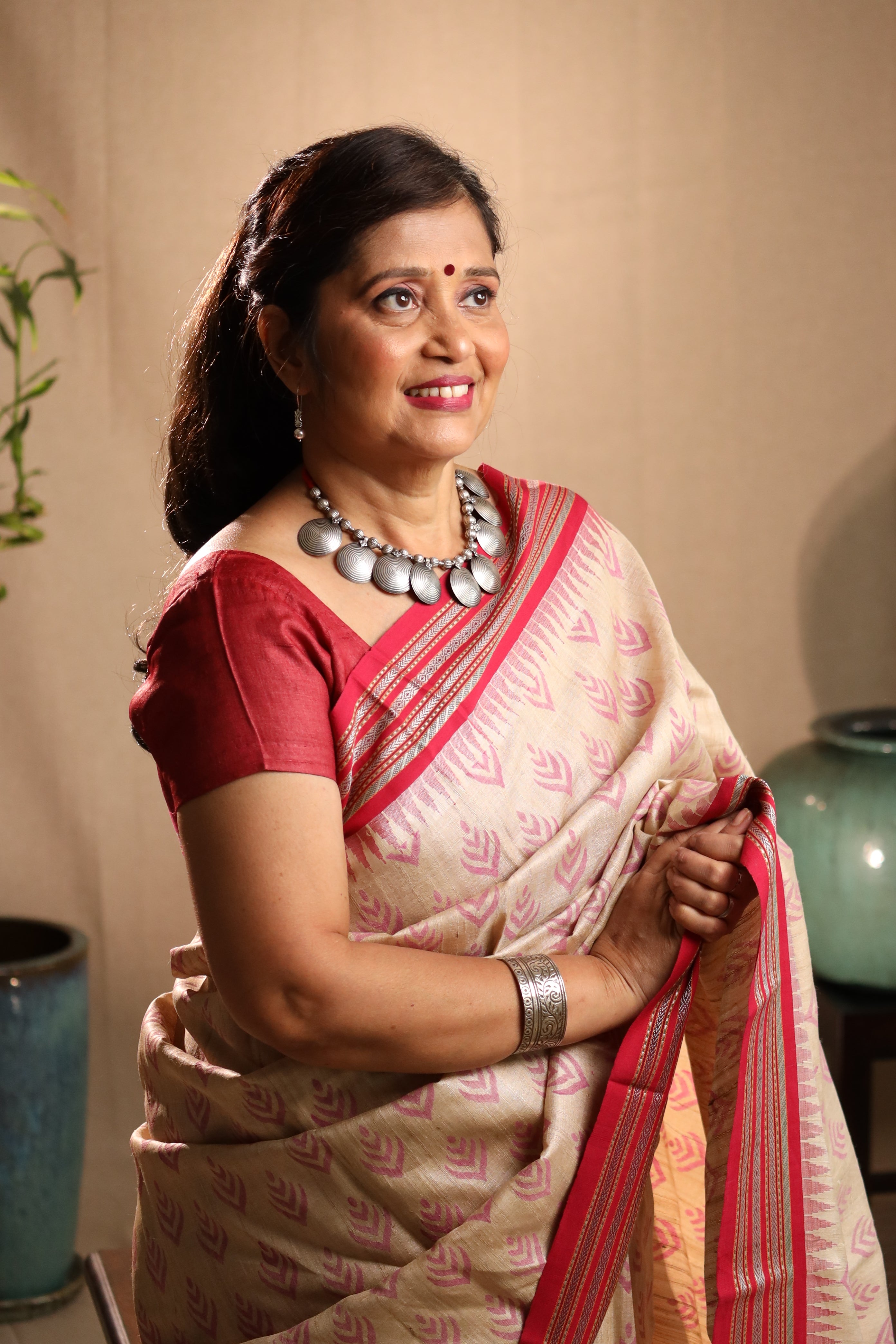 Beige and Red Handblock Printed Handwoven Vidarbha Tussar Silk Saree
