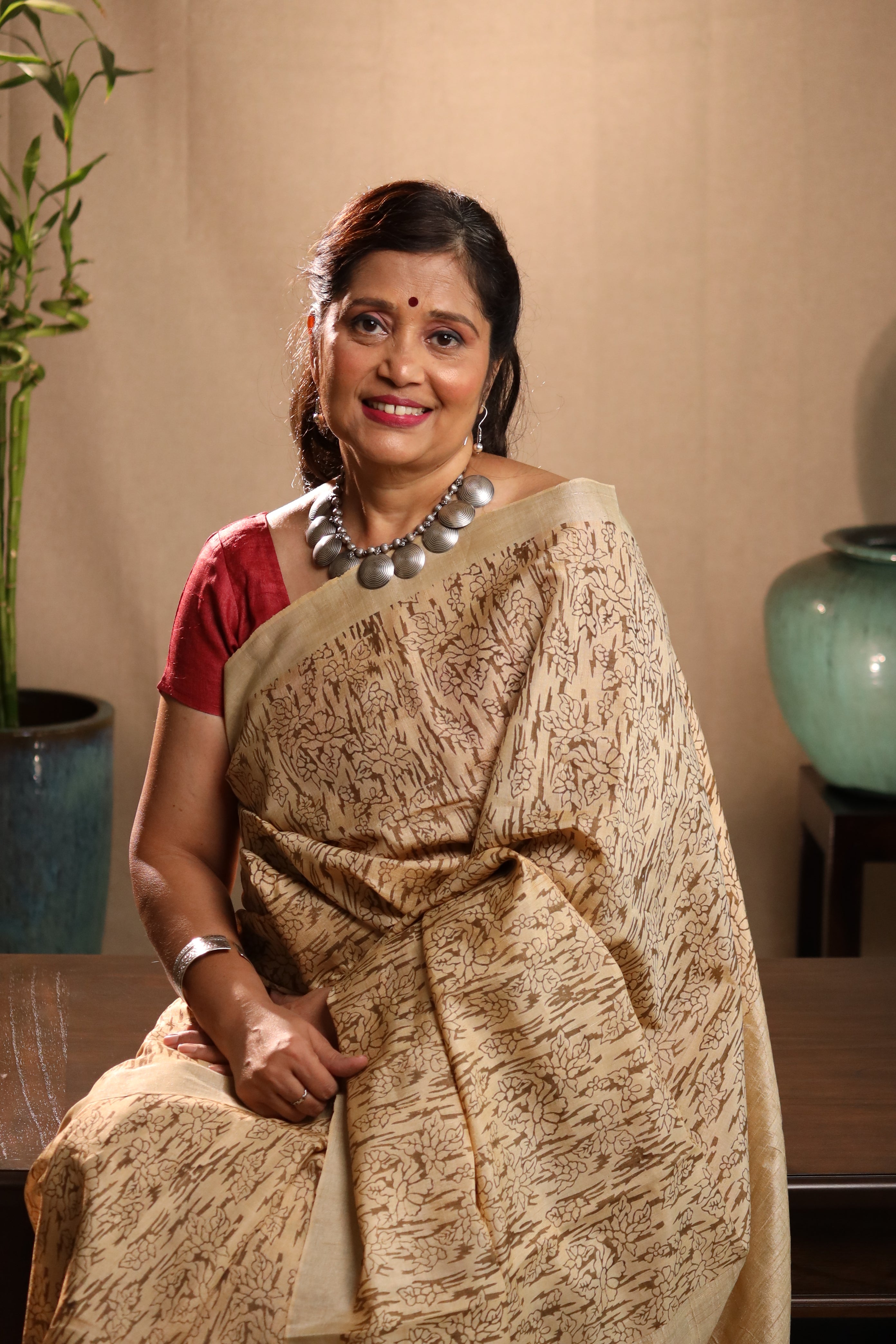 Tiger Stripe Florals Earthy Handblock Printed Handwoven Tussar Silk Saree