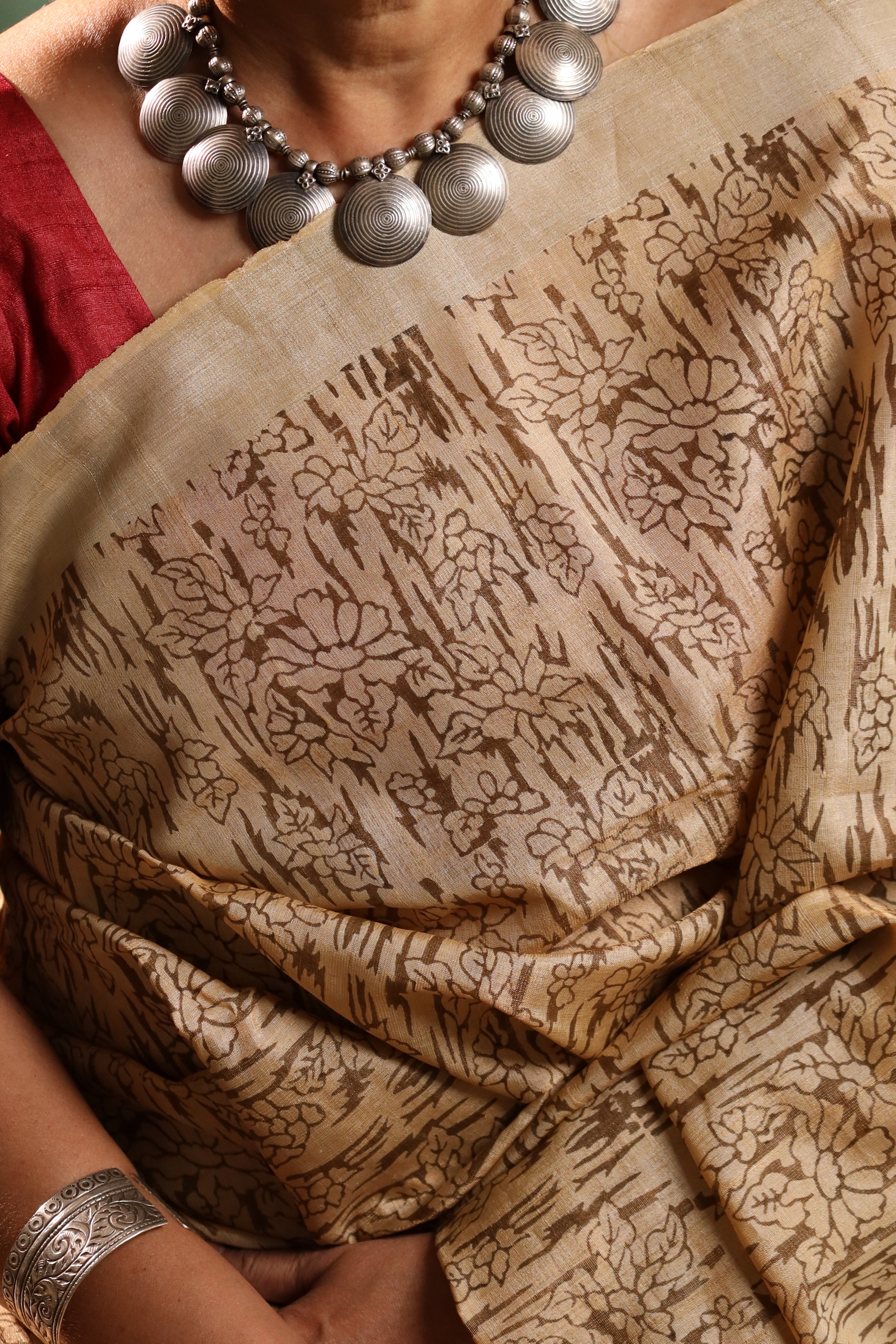 Tiger Stripe Florals Earthy Handblock Printed Handwoven Tussar Silk Saree