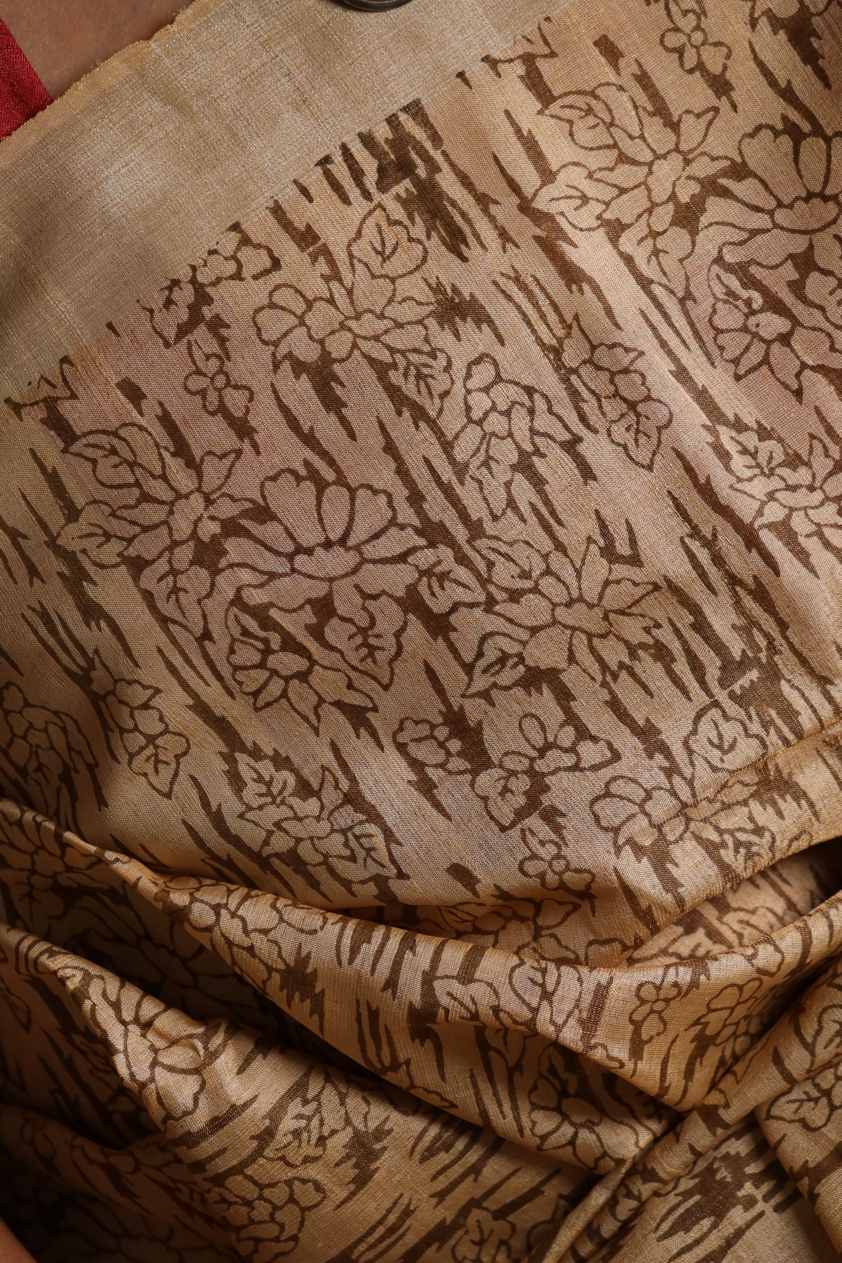 Tiger Stripe Florals Earthy Handblock Printed Handwoven Tussar Silk Saree