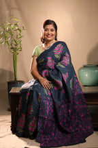 Fuchsia Florals on Deep Blue Handblock Printed Handwoven Tussar Silk Saree