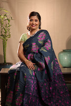 Fuchsia Florals on Deep Blue Handblock Printed Handwoven Tussar Silk Saree