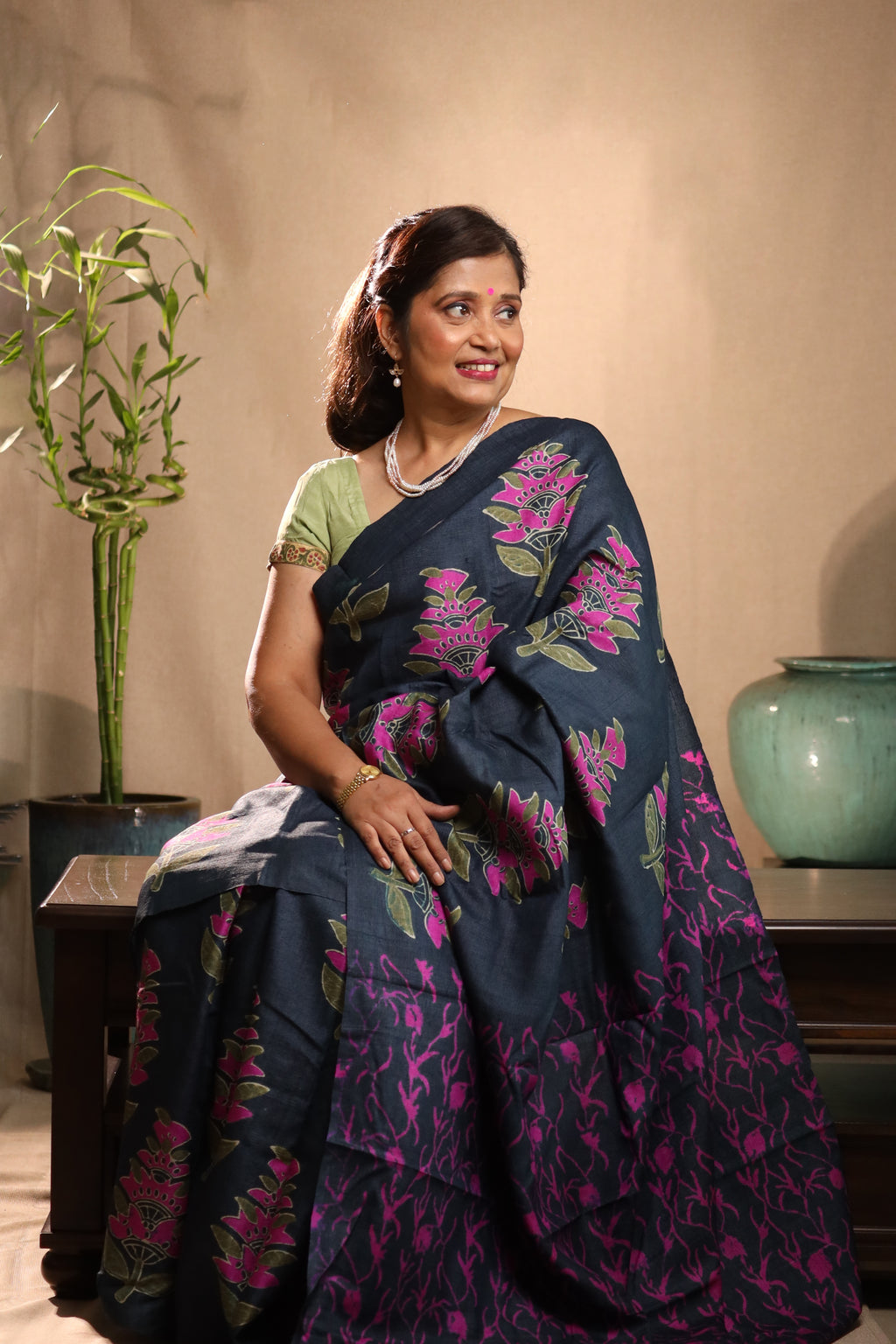 Fuchsia Florals on Deep Blue Handblock Printed Handwoven Tussar Silk Saree