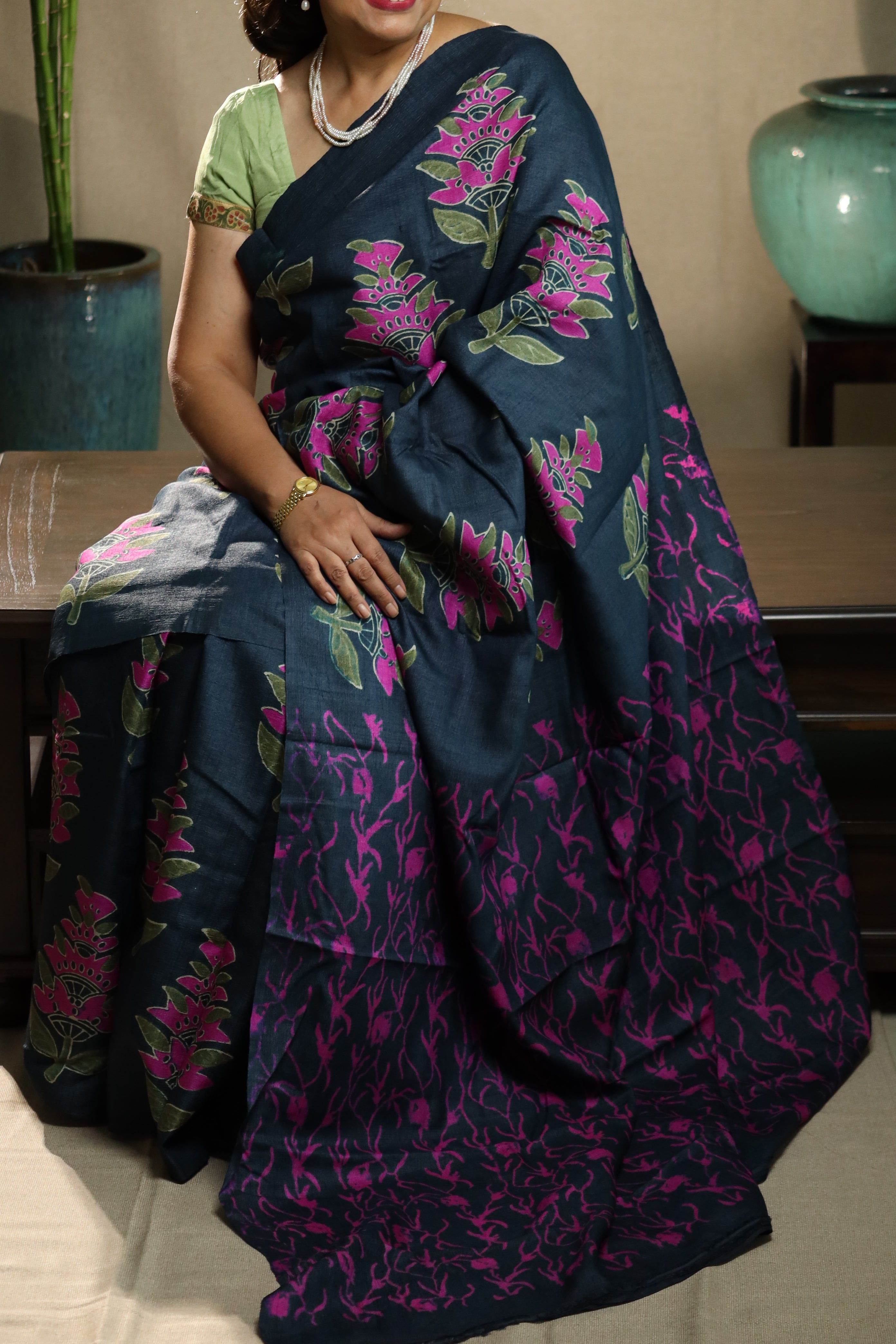 Fuchsia Florals on Deep Blue Handblock Printed Handwoven Tussar Silk Saree