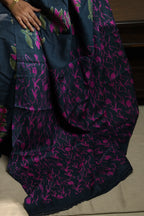 Fuchsia Florals on Deep Blue Handblock Printed Handwoven Tussar Silk Saree