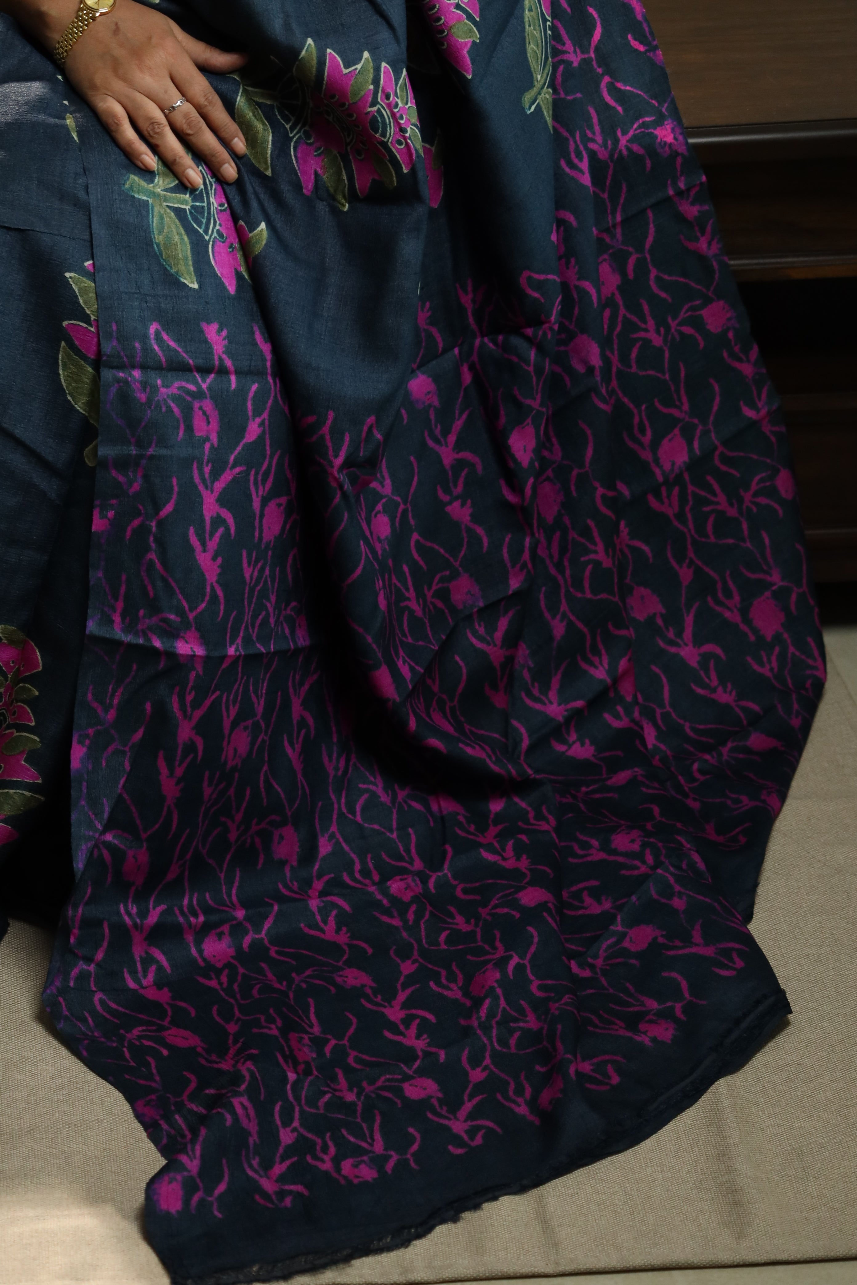 Fuchsia Florals on Deep Blue Handblock Printed Handwoven Tussar Silk Saree