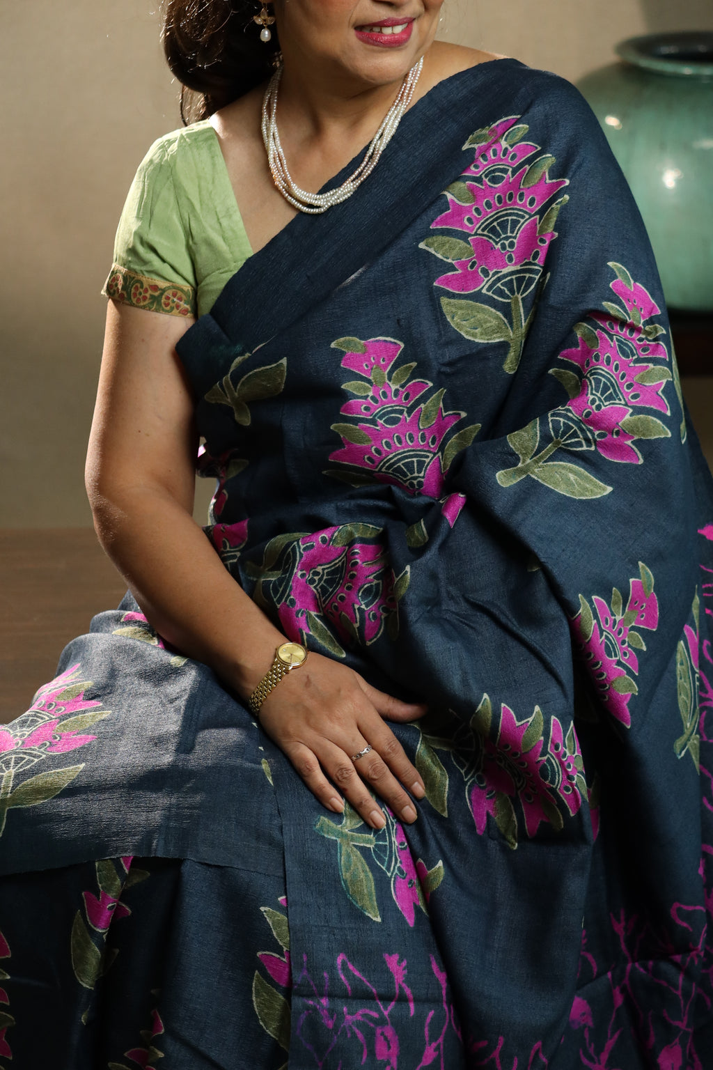 Fuchsia Florals on Deep Blue Handblock Printed Handwoven Tussar Silk Saree