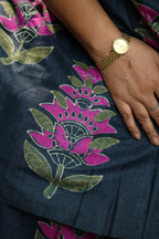 Fuchsia Florals on Deep Blue Handblock Printed Handwoven Tussar Silk Saree