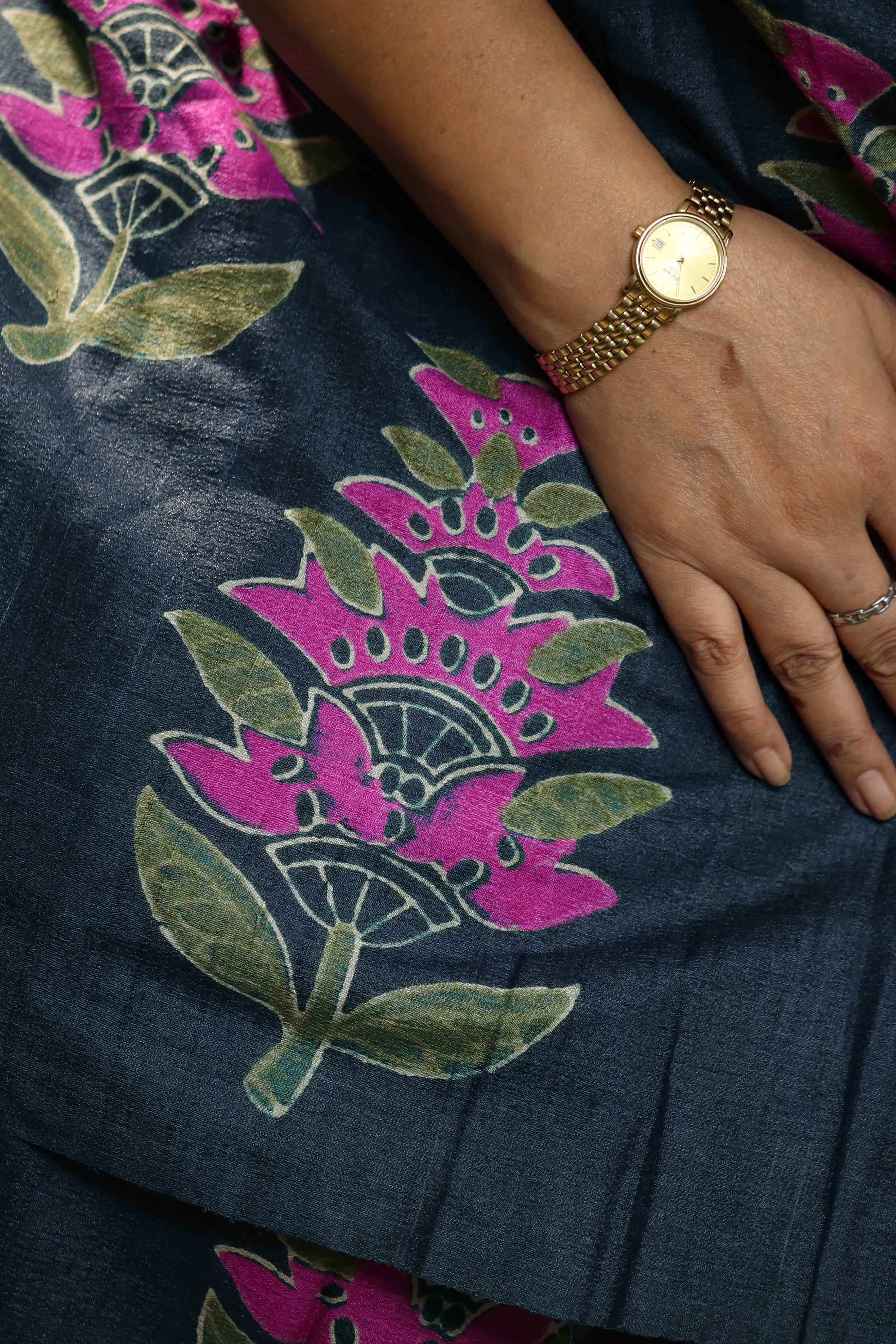 Fuchsia Florals on Deep Blue Handblock Printed Handwoven Tussar Silk Saree