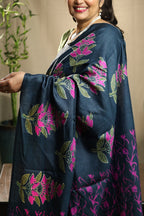 Fuchsia Florals on Deep Blue Handblock Printed Handwoven Tussar Silk Saree