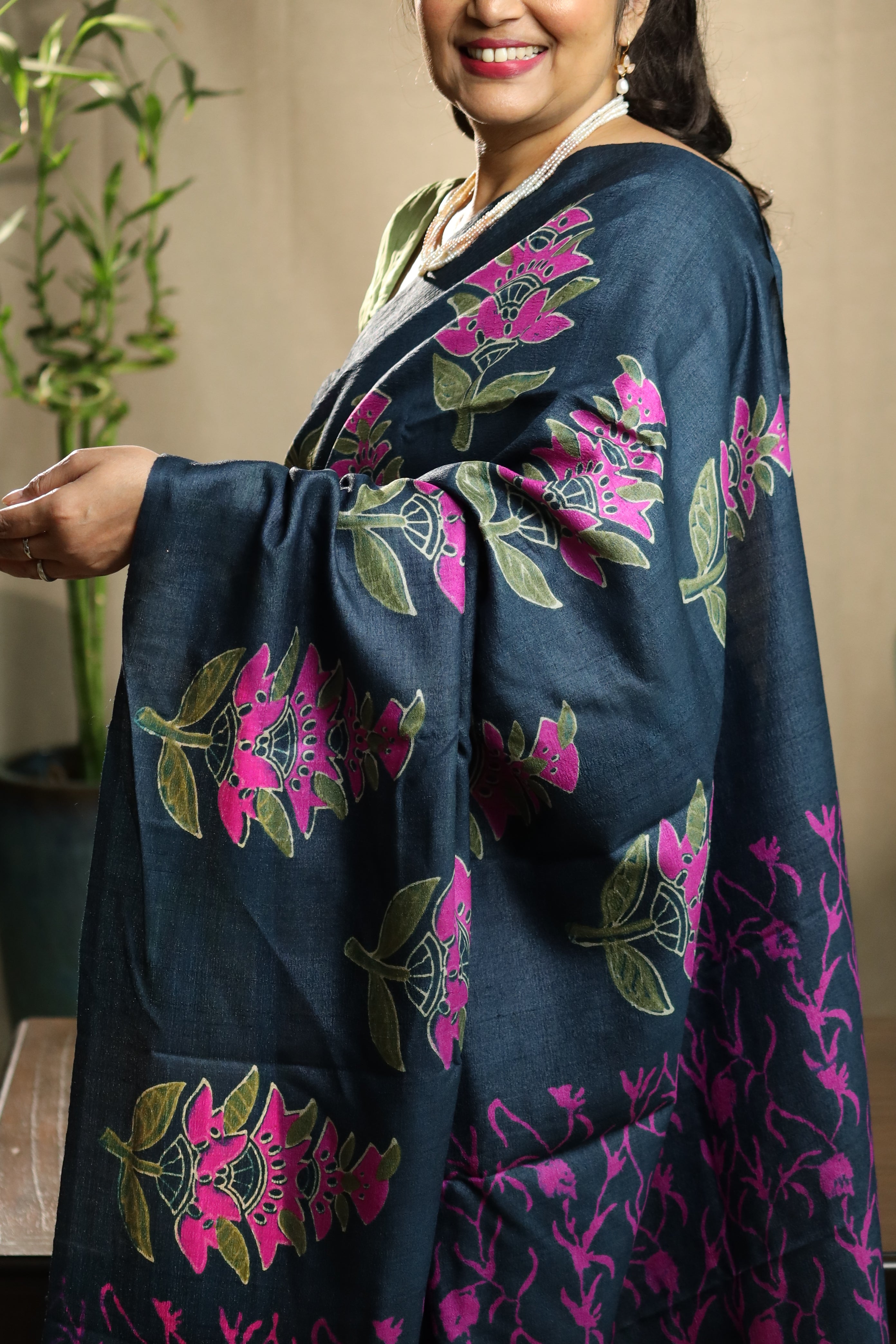 Fuchsia Florals on Deep Blue Handblock Printed Handwoven Tussar Silk Saree