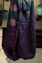 Fuchsia Florals on Deep Blue Handblock Printed Handwoven Tussar Silk Saree