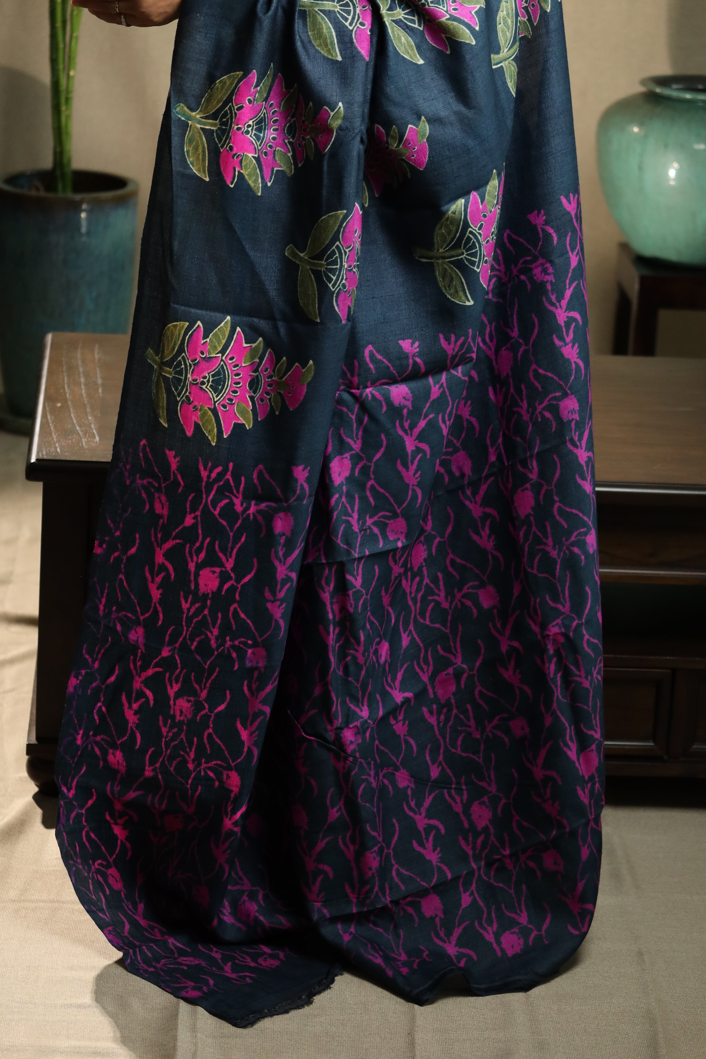 Fuchsia Florals on Deep Blue Handblock Printed Handwoven Tussar Silk Saree