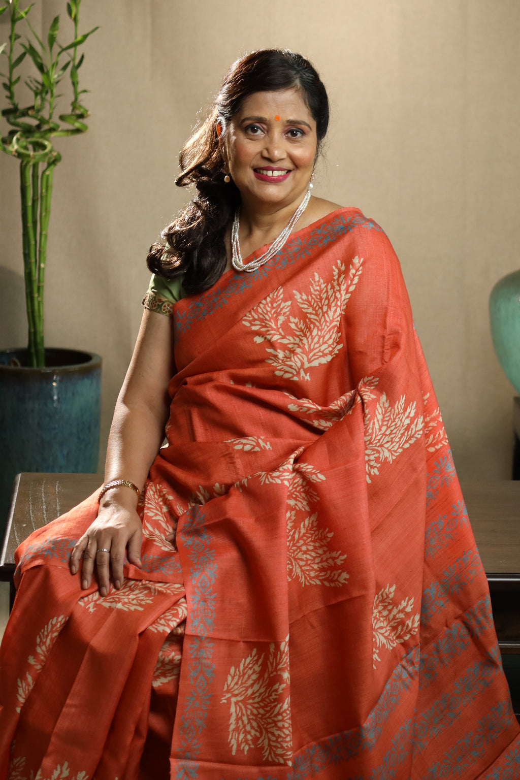 Persimmon Orange Handblock Printed Handwoven Tussar Silk Saree