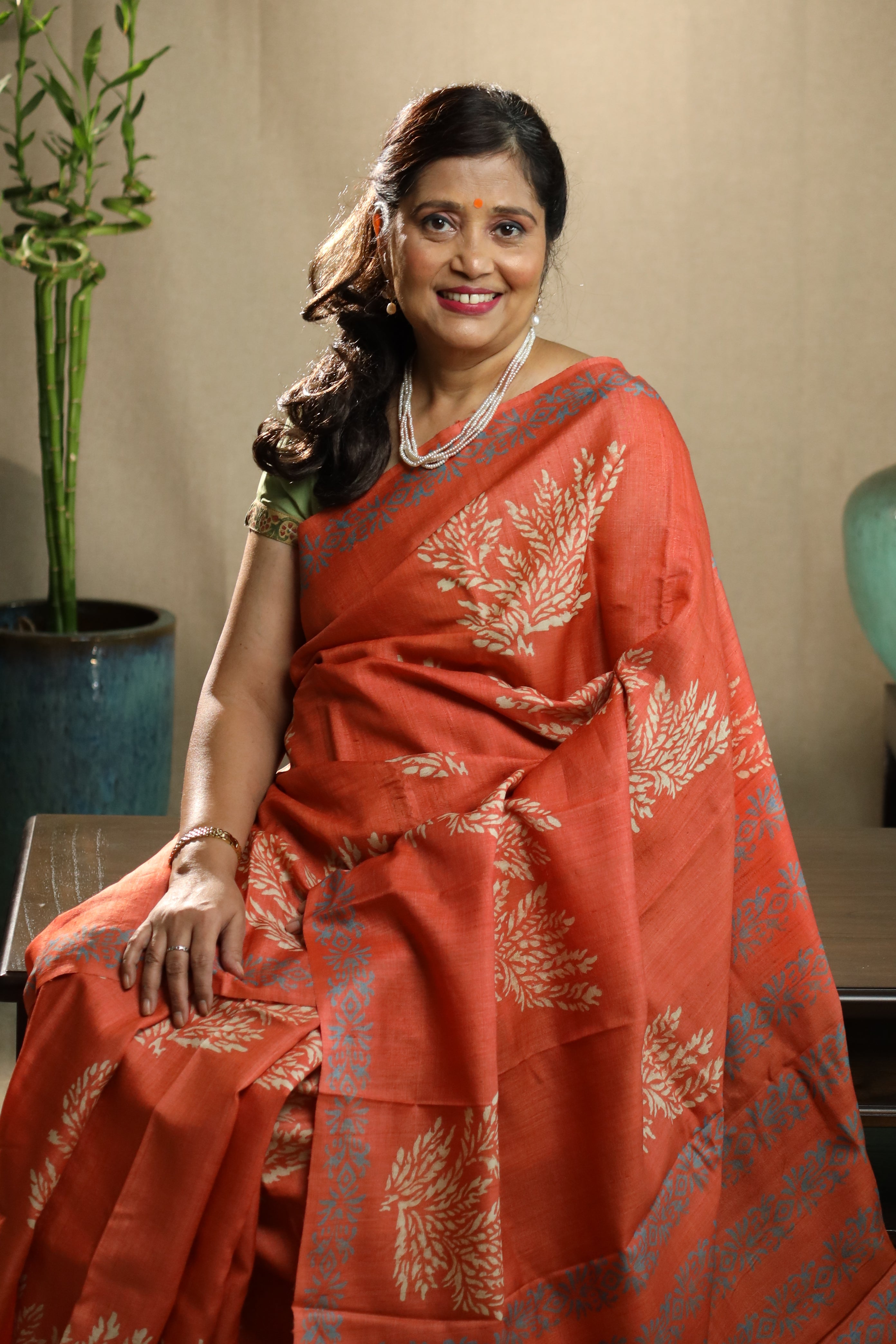 Persimmon Orange Handblock Printed Handwoven Tussar Silk Saree