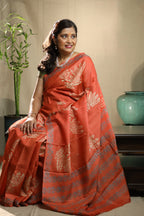 Persimmon Orange Handblock Printed Handwoven Tussar Silk Saree
