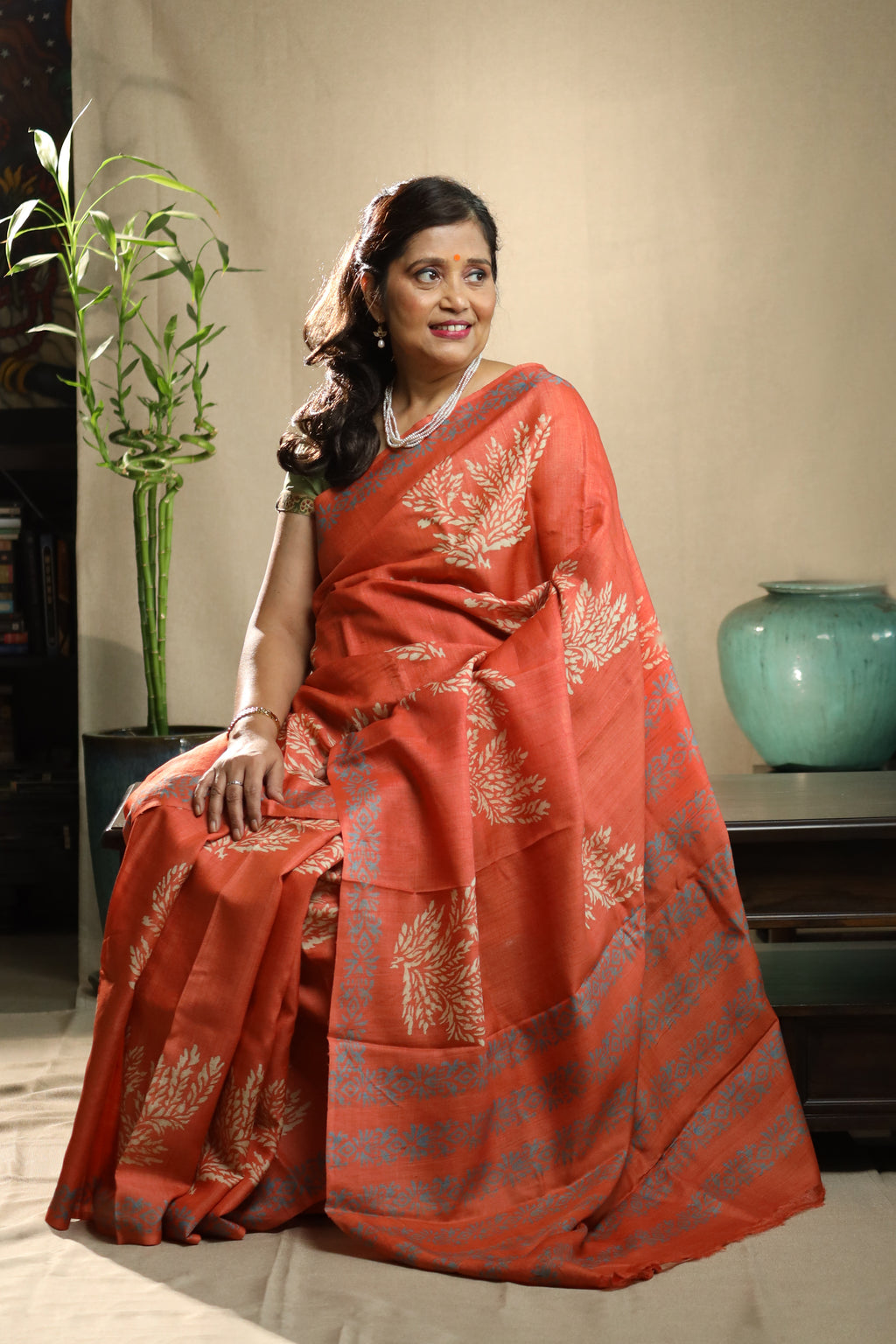 Persimmon Orange Handblock Printed Handwoven Tussar Silk Saree