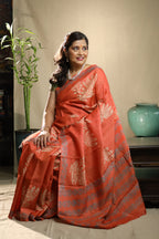 Persimmon Orange Handblock Printed Handwoven Tussar Silk Saree