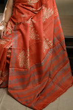 Persimmon Orange Handblock Printed Handwoven Tussar Silk Saree