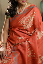 Persimmon Orange Handblock Printed Handwoven Tussar Silk Saree