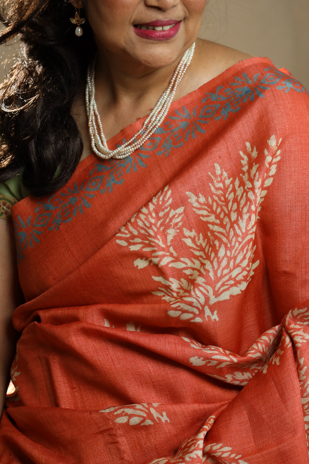 Persimmon Orange Handblock Printed Handwoven Tussar Silk Saree