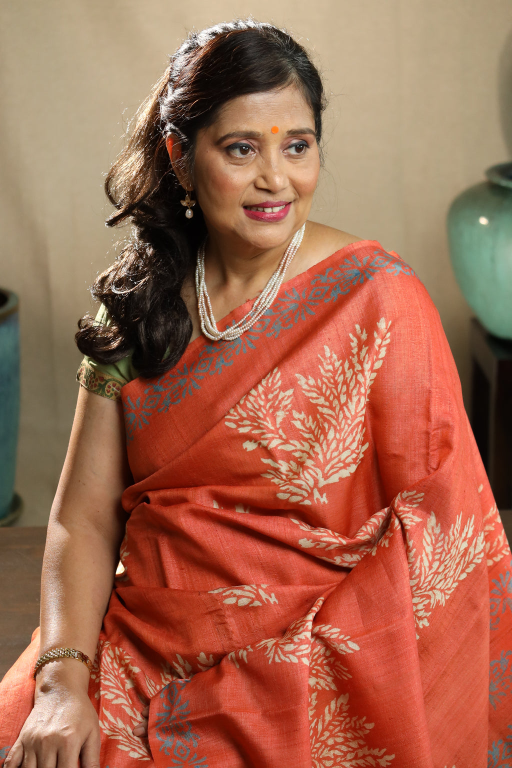 Persimmon Orange Handblock Printed Handwoven Tussar Silk Saree