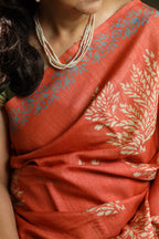 Persimmon Orange Handblock Printed Handwoven Tussar Silk Saree