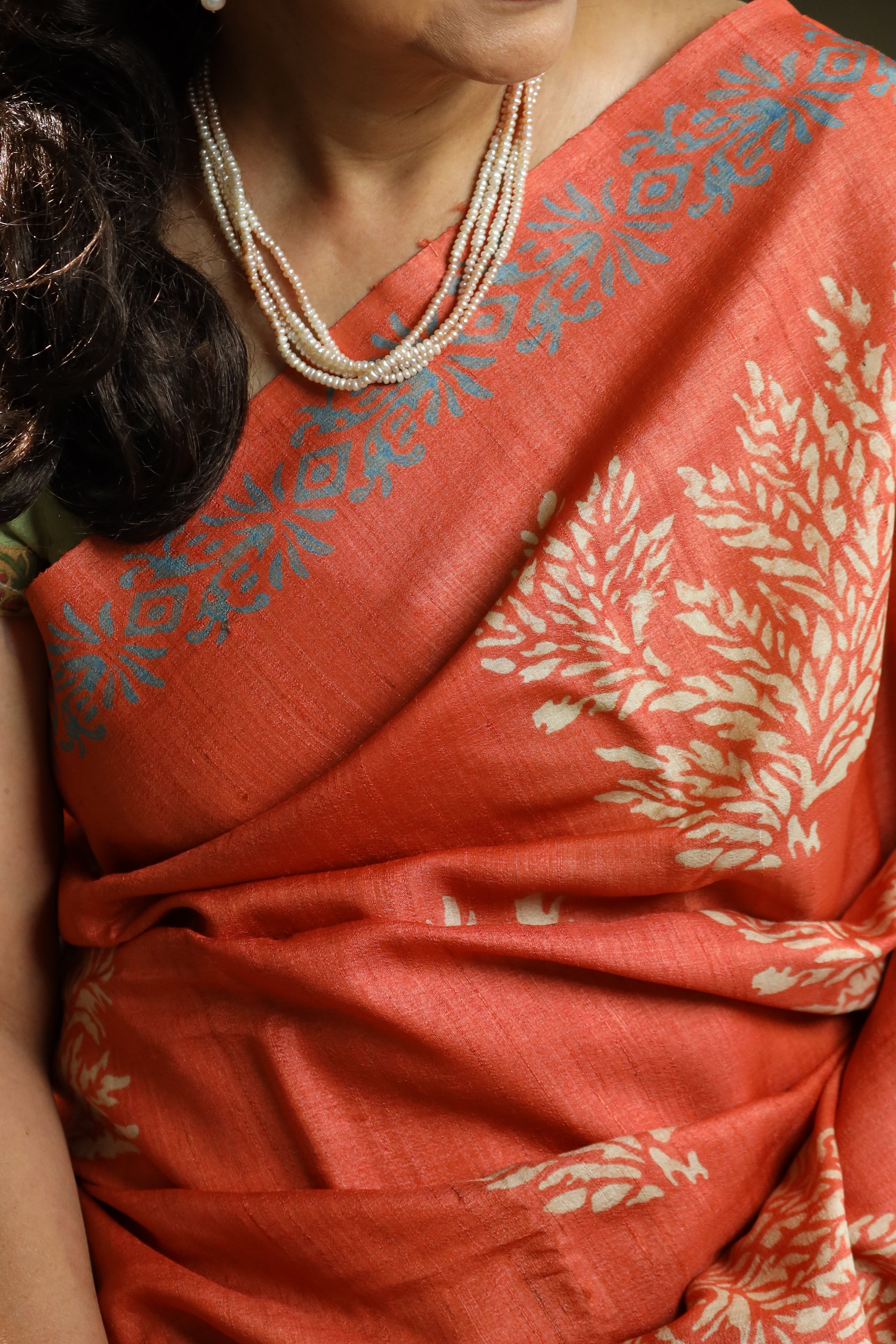 Persimmon Orange Handblock Printed Handwoven Tussar Silk Saree