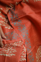 Persimmon Orange Handblock Printed Handwoven Tussar Silk Saree