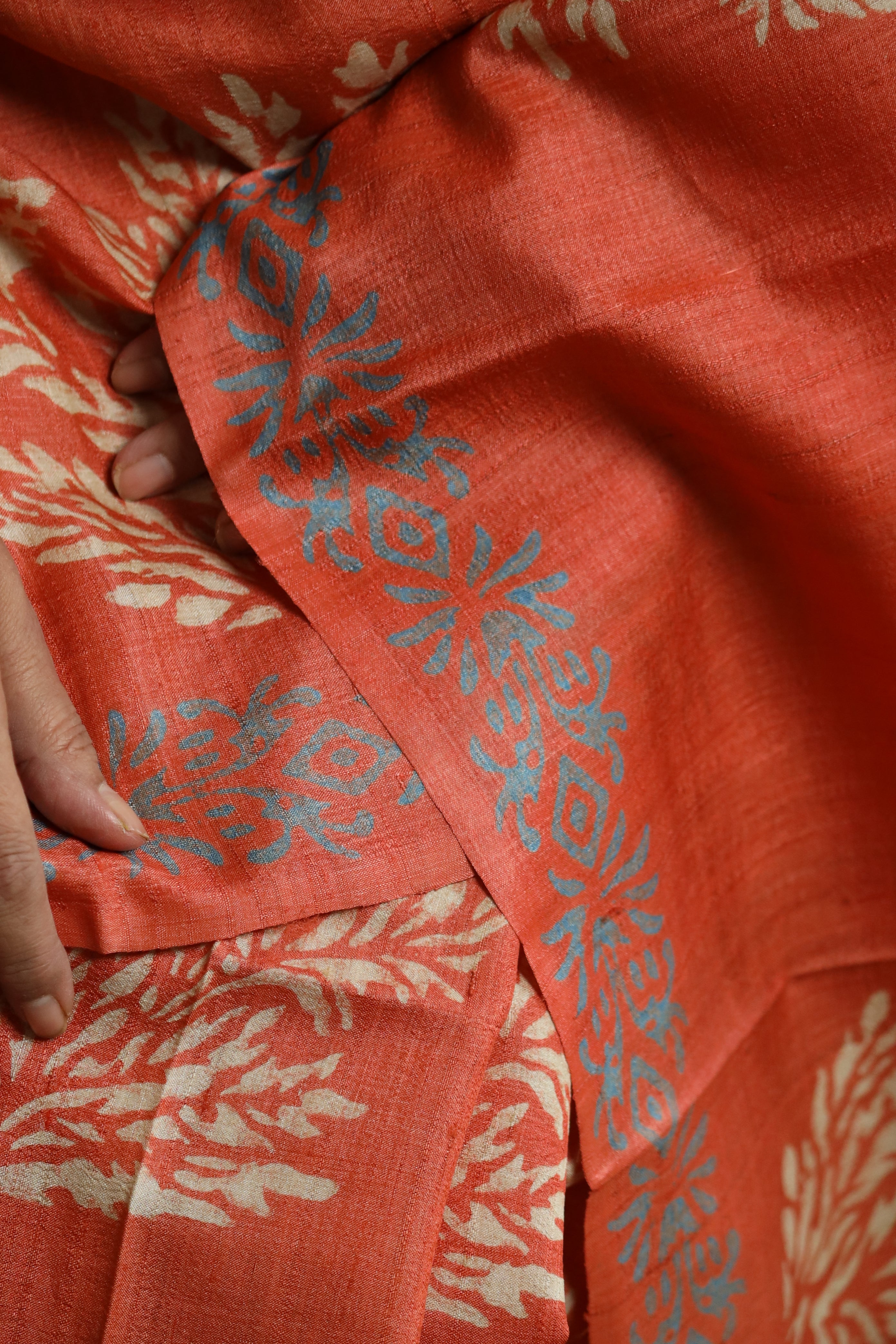 Persimmon Orange Handblock Printed Handwoven Tussar Silk Saree